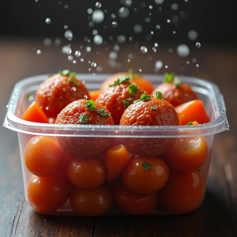 Bolinho de carne com legumes congelado em pote.