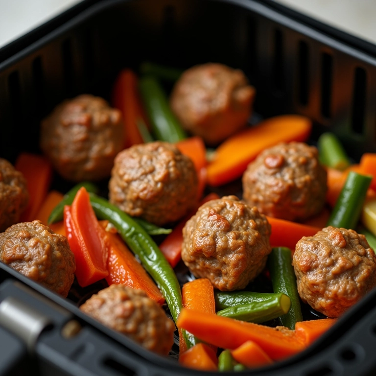 Bolinho de carne com legumes feito na airfryer.