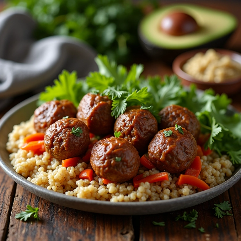 Bolinho de carne fit com legumes servido em mesa rústica.
