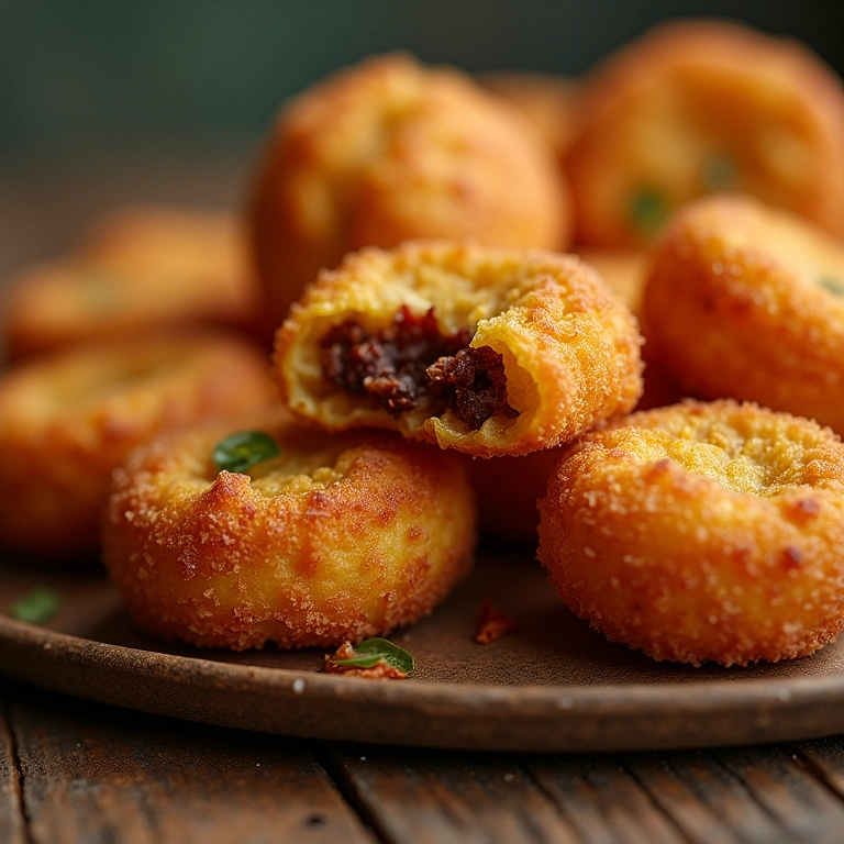 Bolinho de mandioca recheado com carne seca desfiada.