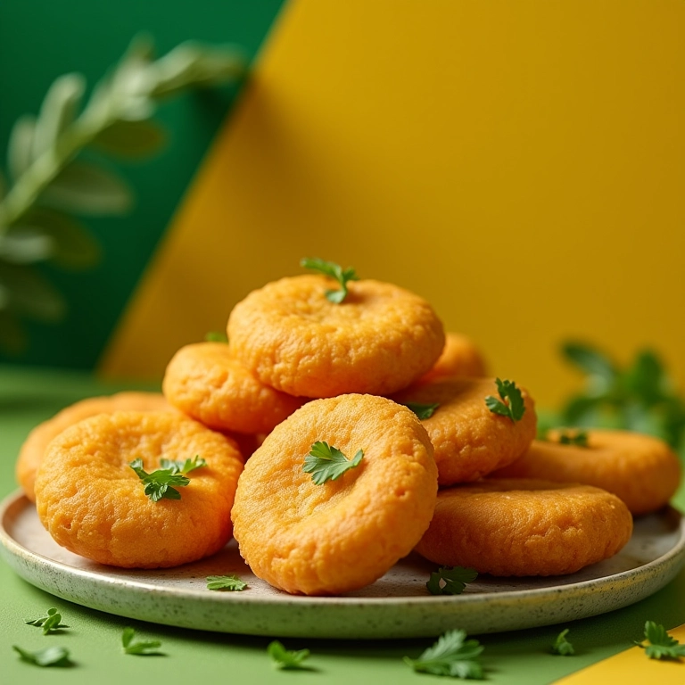 Bolinho de mandioca vegano com ervas frescas.