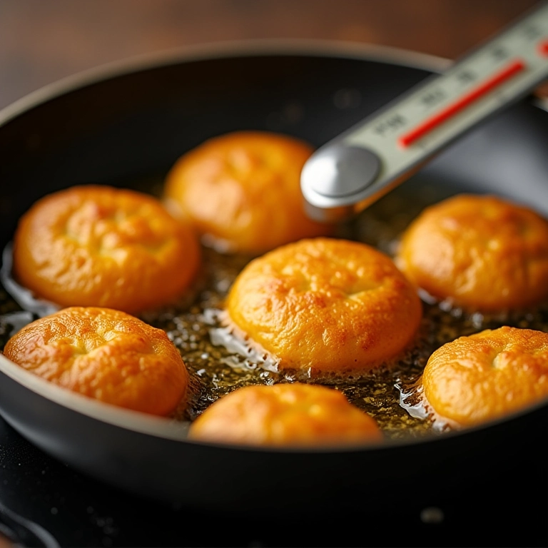 Bolinhos de chuva fritando em óleo na temperatura ideal.