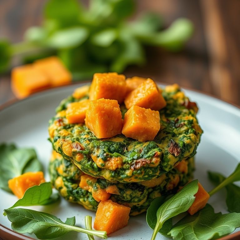 Bolinhos de espinafre com batata doce em destaque.