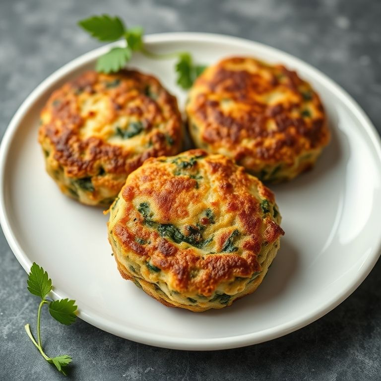 Bolinhos de espinafre crocantes em prato branco.