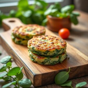 Bolinho de Espinafre Saudável e Saboroso Para o Lanche Bolinhos de espinafre saudáveis e saborosos em tábua de madeira.