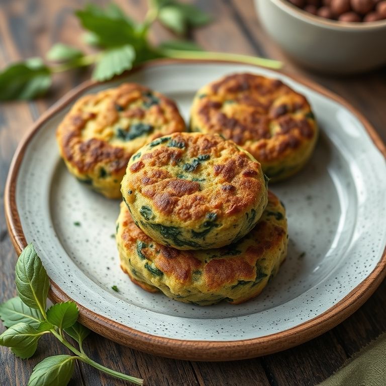 Bolinhos de espinafre sem glúten em prato rústico.