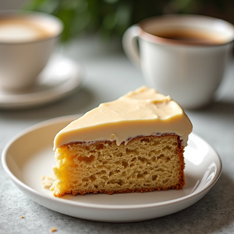 Bolo de café com cobertura de doce de leite.