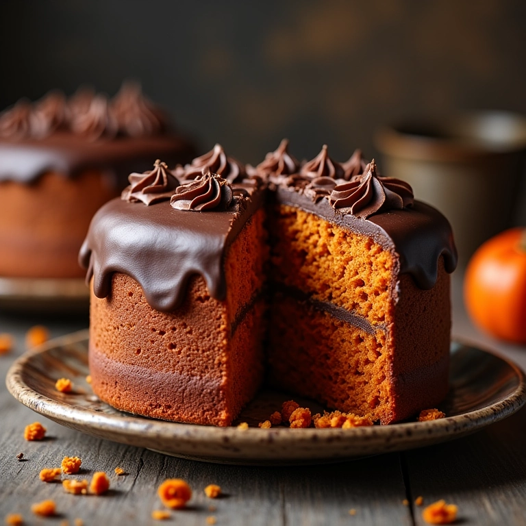 Bolo de cenoura com cobertura de chocolate, fatia faltando.