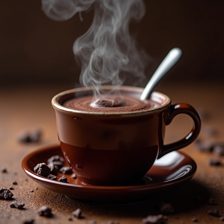 Bolo de chocolate low carb na caneca, fumegante, com colher.
