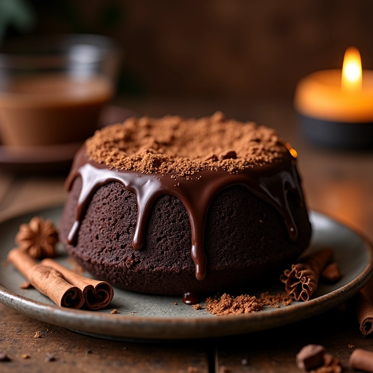 Bolo de chocolate sem ovo com especiarias aromáticas.