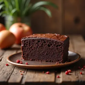 Bolo de chocolate sem ovo incrivelmente apetitoso em mesa rústica.