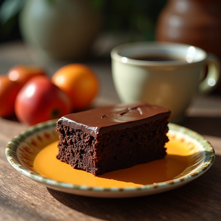 Bolo de chocolate sem ovo servido com café fresco.