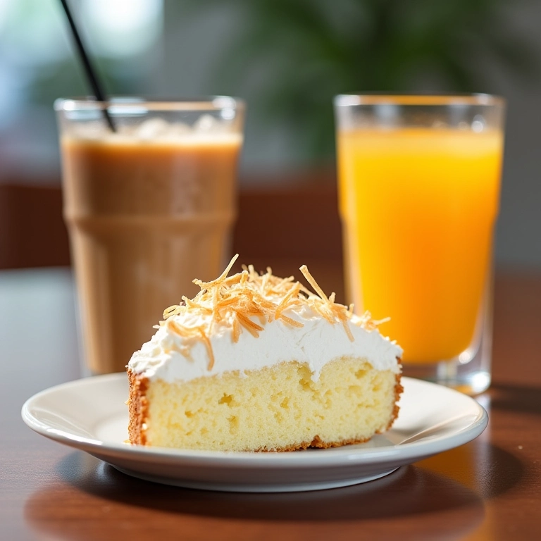 Bolo de coco com café gelado e suco tropical.