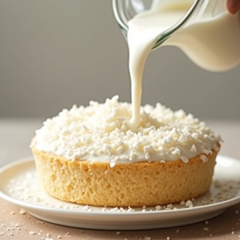 Bolo de coco com leite de amêndoas sendo derramado.