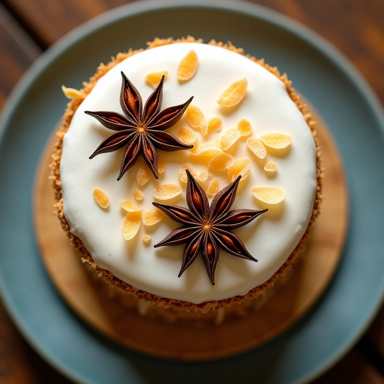Bolo de coco decorado com coco ralado e especiarias.
