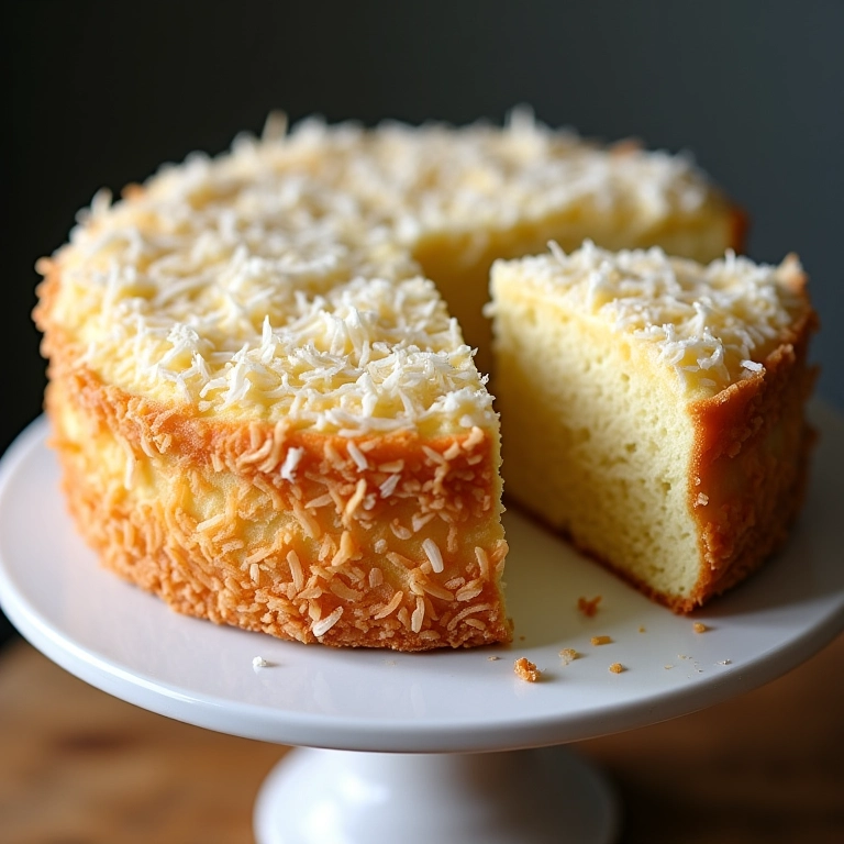Bolo de coco molhadinho pronto para ser servido.