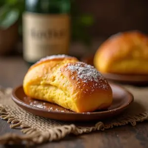 Bolo de fubá com goiabada cremoso em cima de uma mesa rústica.