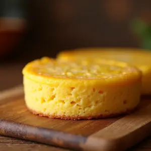 Bolo de fubá cremoso com aparência deliciosa em mesa de madeira rústica.