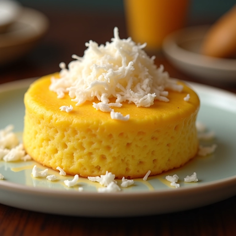 Bolo de fubá cremoso com queijo e coco ralado: sabor tropical.
