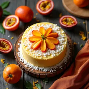 Bolo de Maracujá Com Coco Sabor Tropical Irresistível Bolo de maracujá com coco decorado com frutas frescas e coco ralado.