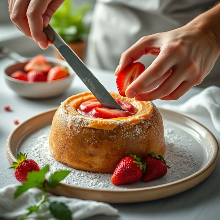 Bolo de rolo sendo recheado com morango