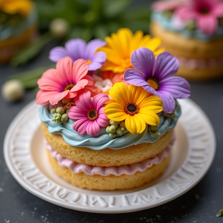 Bolo decorado com amor-perfeito, cores vibrantes e sabor suave.