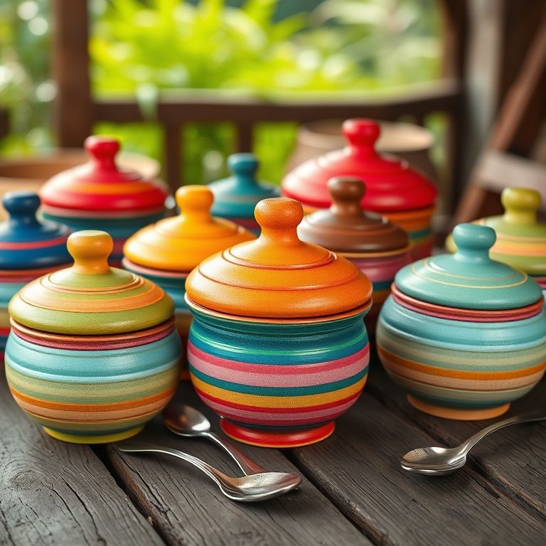 Bolos no pote coloridos expostos em mesa de madeira.