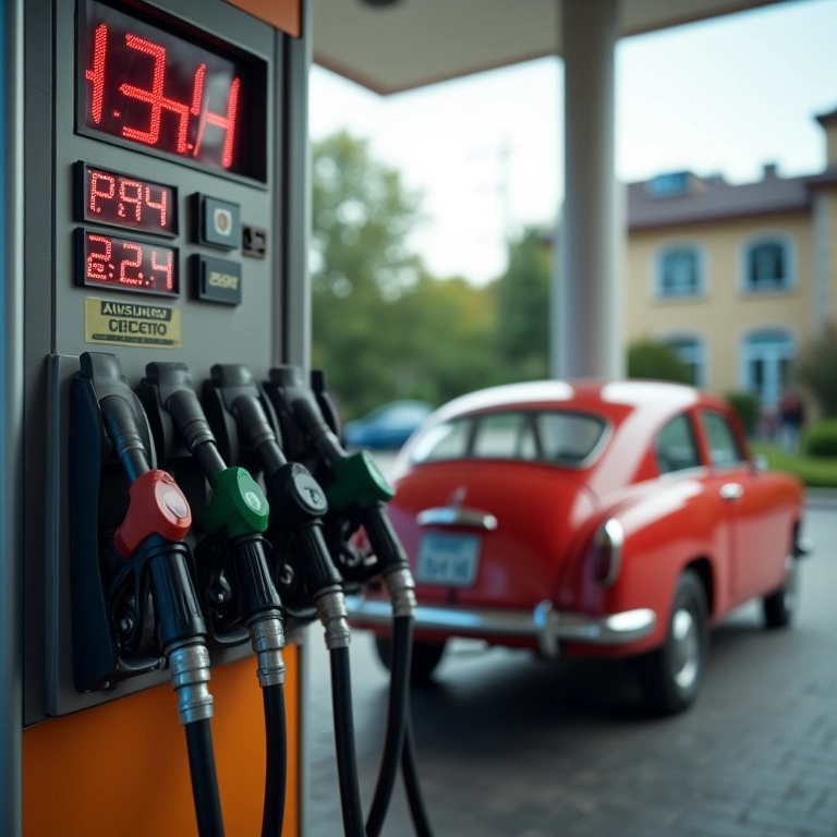 Bomba de gasolina mostrando preço do combustível, carro sendo abastecido.