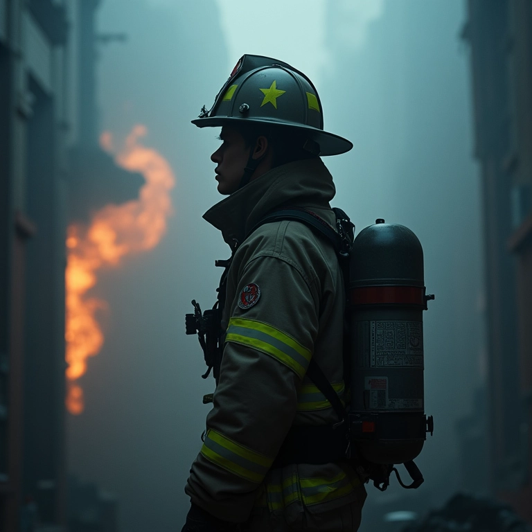 Bombeiro em fumaça densa com nível de oxigênio baixo.