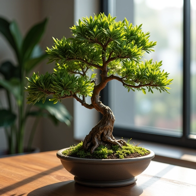 Bonsai elegante em vaso de cerâmica, representando o signo de Capricórnio.