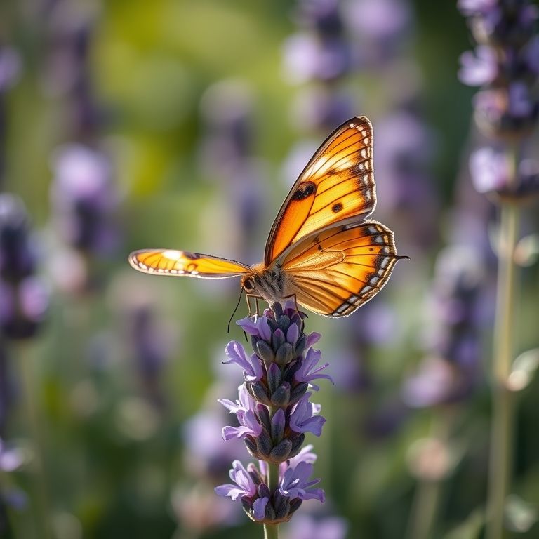 Borboleta pousada em flor de lavanda roxa.