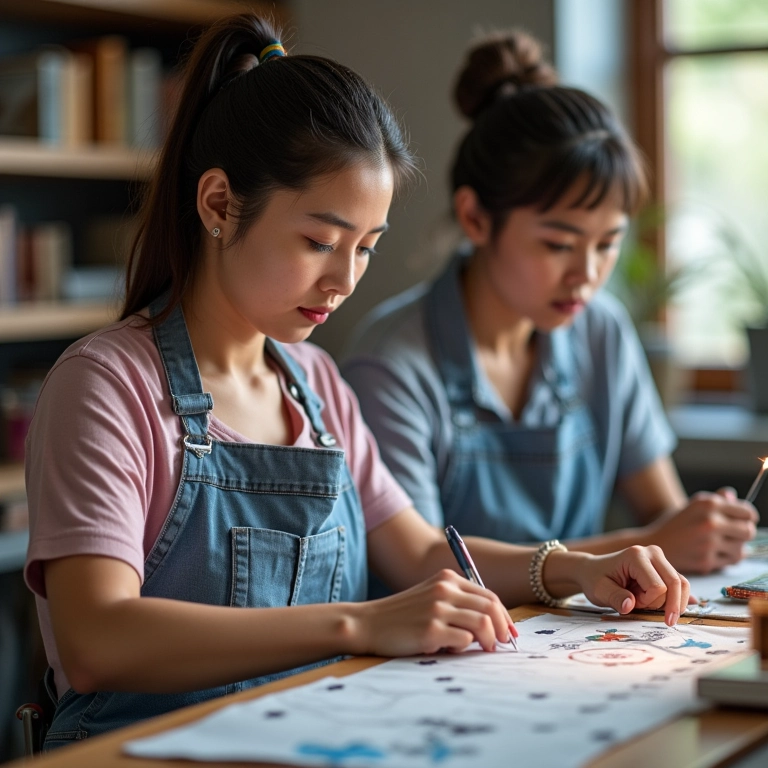 Bordadeira MEI com funcionária auxiliando.