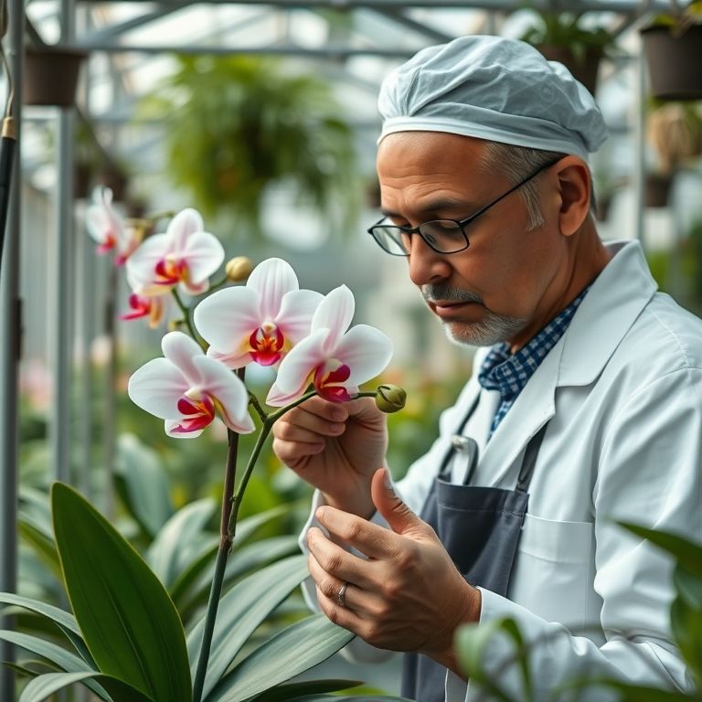 Botanista cuidando de orquídea rara.