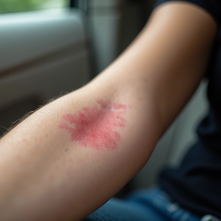 Braço de uma mulher com leve vermelhidão, indicando uma queimadura superficial causada pelo airbag.