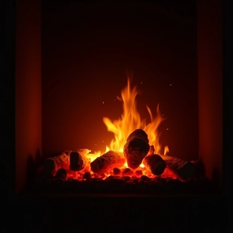 Brasas quase apagadas em lareira com pouca luz.