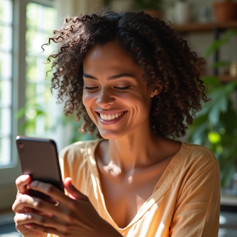 Brasileira checando app bancário no celular.