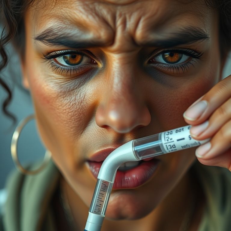 Brasileira com febre medindo a temperatura com termômetro.