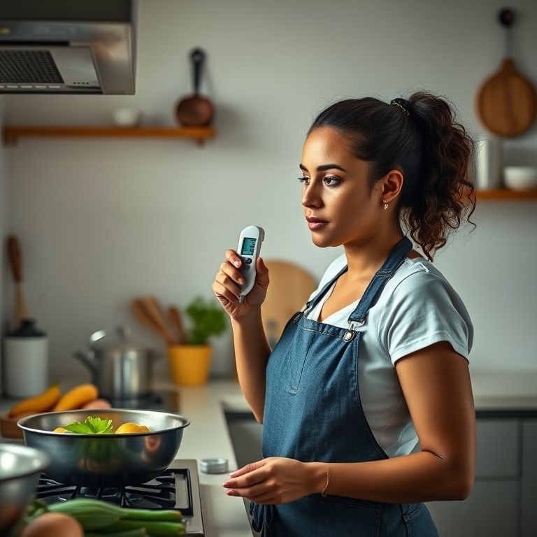Brasileira na cozinha usando termômetro para verificar temperatura dos alimentos.