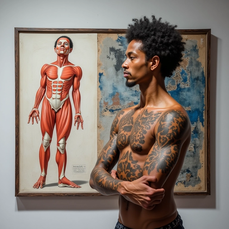 Brasileiro adulto comparando livro de anatomia com arte abstrata, representando a diferença entre sexo biológico e identidade de gênero.