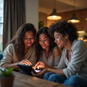 Brasileiros diversos analisando opções de investimento conservador em tablet.
