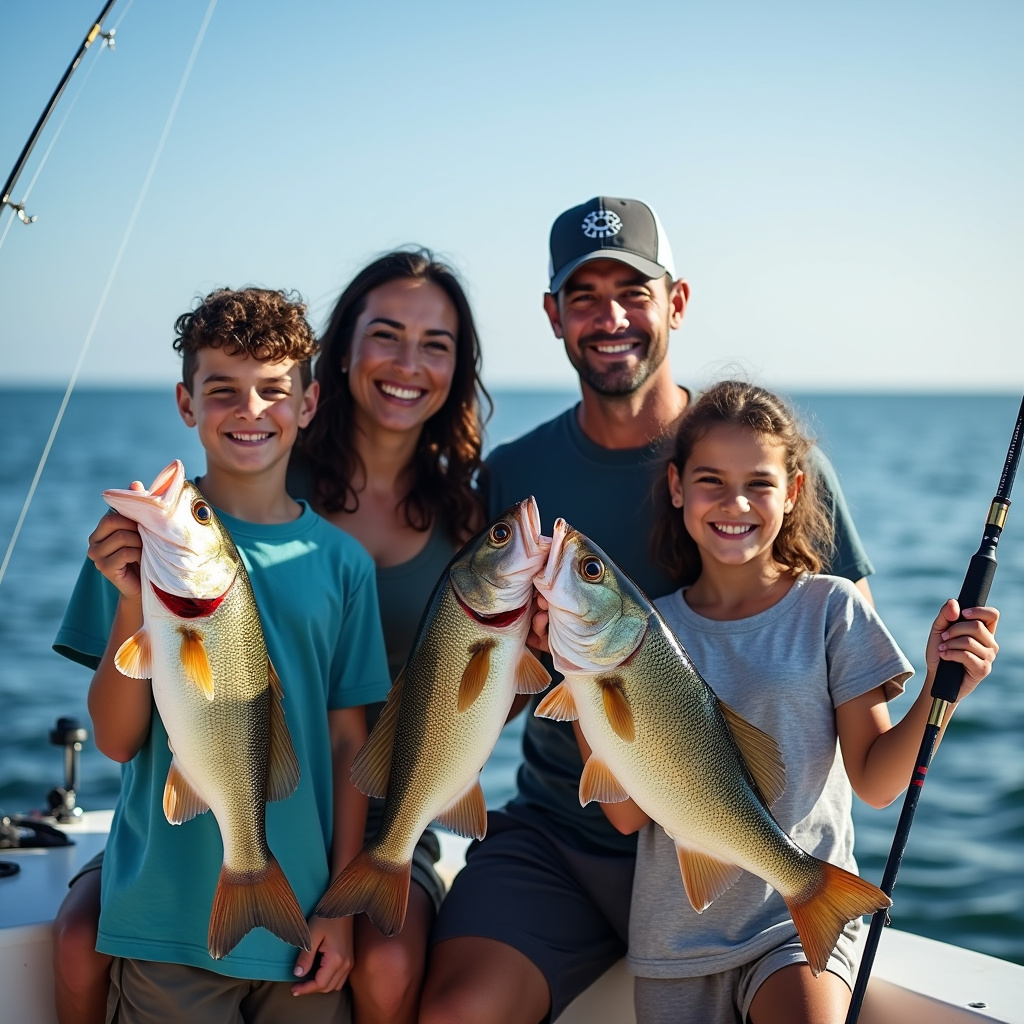 Brazilian family fishing, holding fishing licenses, smiling, professional photography, 8K quality, Família brasileira pescando com carteiras de pesca.