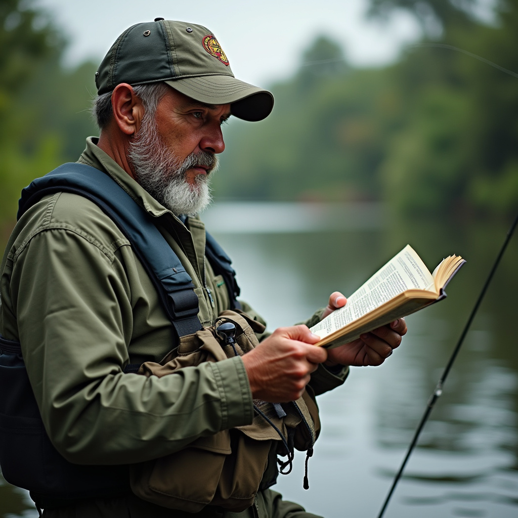 Brazilian fisherman reading fishing laws, river, professional photography, 8K quality, sharp focus, Pescador brasileiro lendo a legislação da pesca.