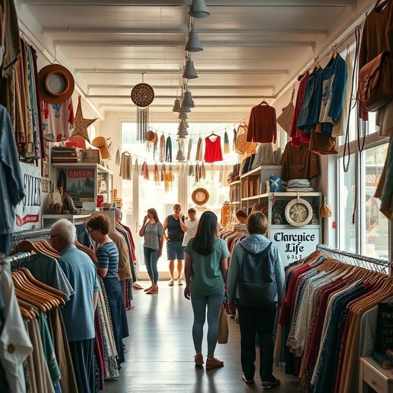 Brechó com roupas e acessórios upcycled e clientes diversos.