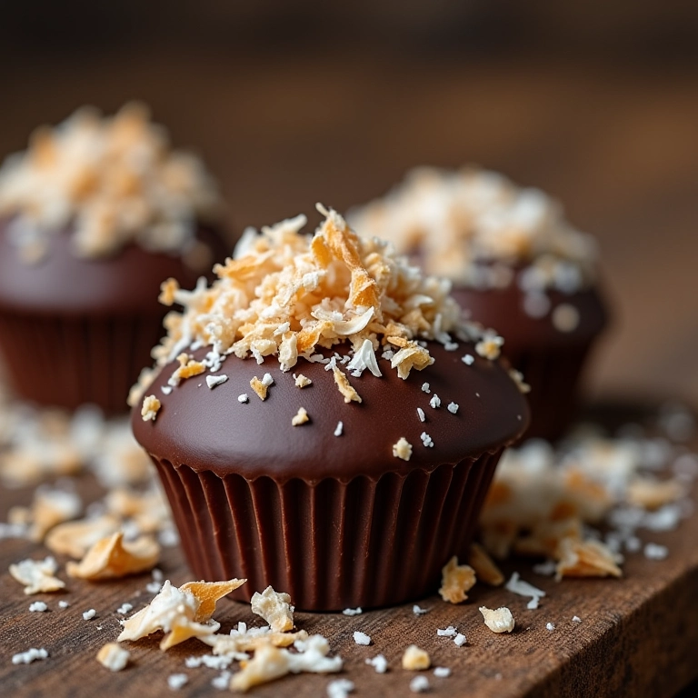 Brigadeiro branco com coco queimado em madeira rústica.