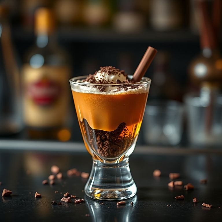 Brigadeiro de colher alcoólico em copo de shot com raspas de chocolate.