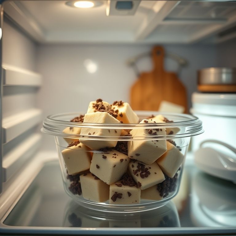Brigadeiro de colher armazenado em pote hermético na geladeira.