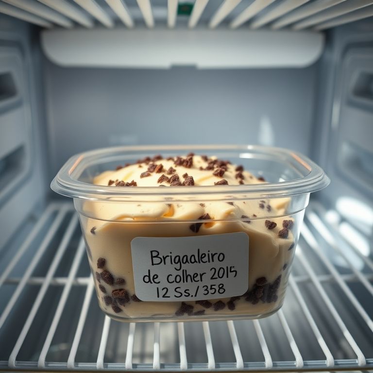 Brigadeiro de colher congelado em pote próprio com etiqueta de data.
