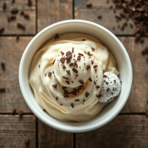 Brigadeiro de colher cremoso em tigela branca com granulado de chocolate.