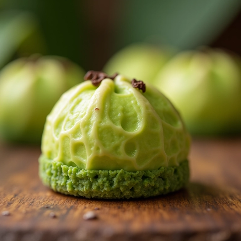 Brigadeiro fit de biomassa de banana verde em close-up, com detalhes da textura e ingredientes saudáveis.
