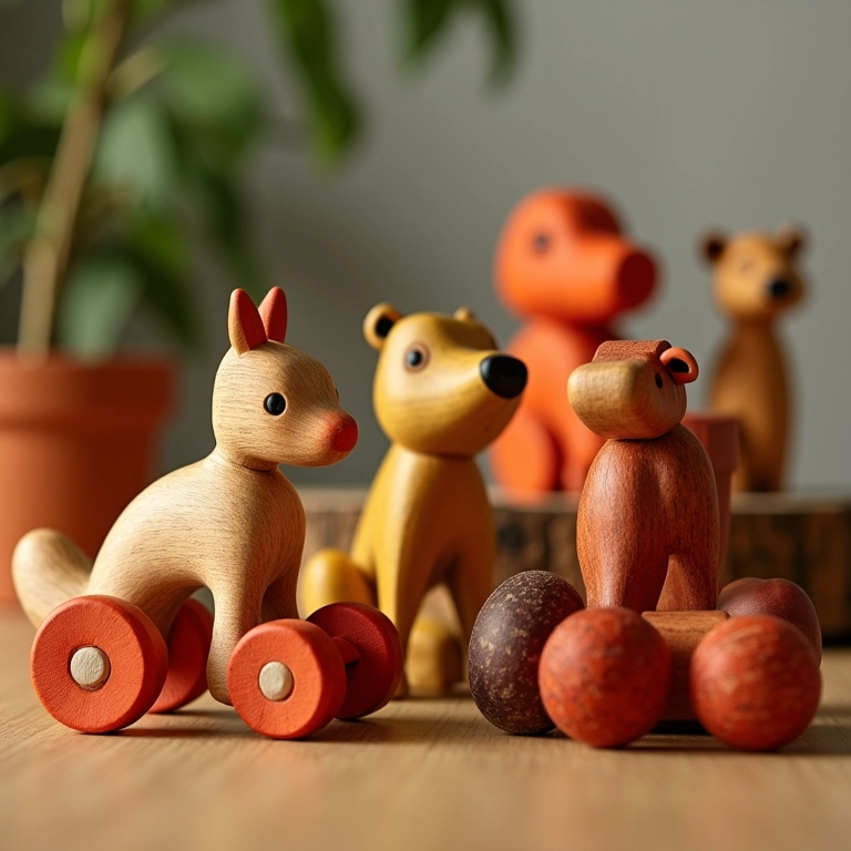 Brinquedos de madeira artesanais com foco nos detalhes e cores vibrantes.